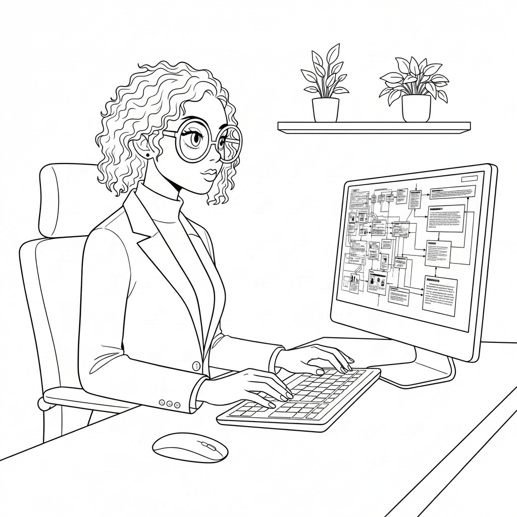 A woman in a suit using a stylus to interact with a complex digital flowchart display.